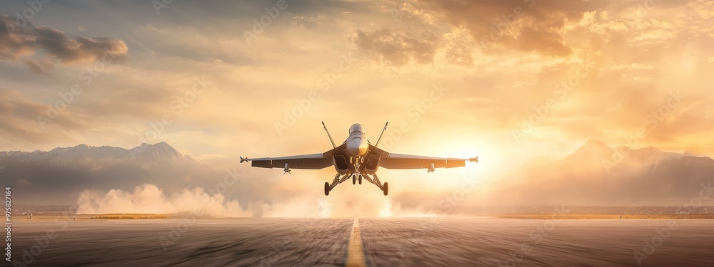 A fighter jet takes off from an airport runway, emitting smoke from its wings' trailing edges