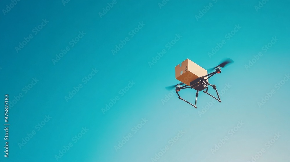 Small delivery drone in flight, holding a lightweight box against a bright blue sky. Small delivery drone in flight, holding a lightweight box against a bright blue sky.