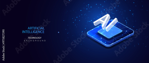 Futuristic ai CPU banner. Computer chip artifficial intelligence network with processor in wireframe design. CPU isometric vector background.