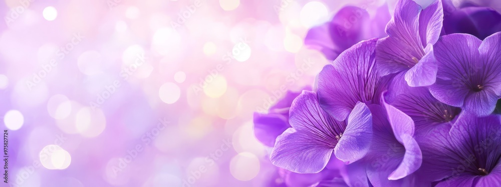 Purple flowers cluster on a purple countertop Behind them, a pink and white wall features indistinct lights Purple flowers cluster on a purple countertop Behind them, a pink and white wall features indistinct lights