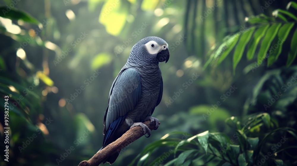 Wild African Grey parrot resting on a branch in its natural rainforest habitat, surrounded by greenery. Wild African Grey parrot resting on a branch in its natural rainforest habitat, surrounded by greenery.