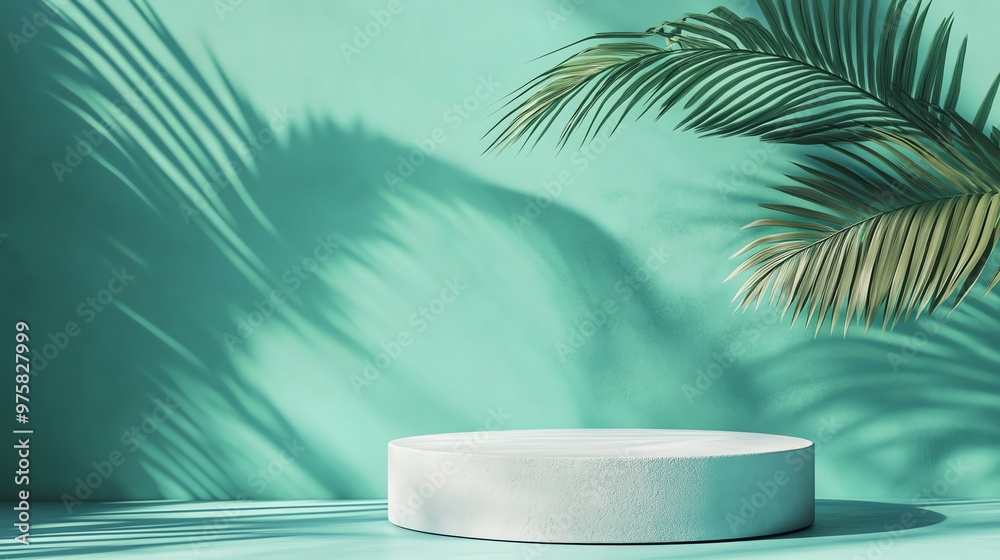 A white podium in front of a light green background with palm leaves and shadows. A white podium in front of a light green background with palm leaves and shadows.