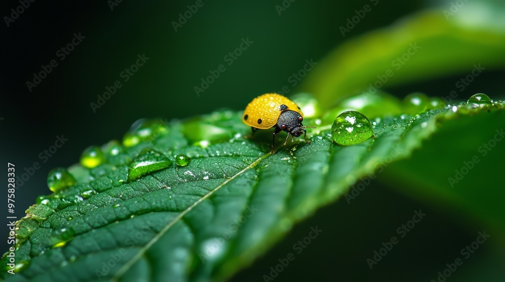 A ladybug sits on a green leaf, surrounded by dewdrops A ladybug sits on a green leaf, surrounded by dewdrops