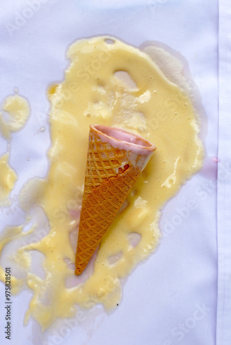 Iice cream with waffle cone on a white shirt, dirty stain photo