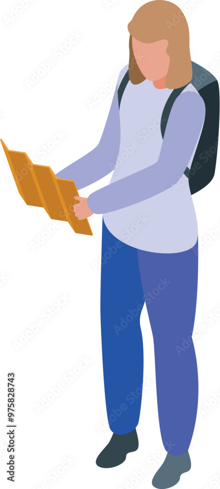 Backpacker woman holding a map is searching the route for hiking trip, travel tourism illustration Backpacker woman holding a map is searching the route for hiking trip, travel tourism illustration