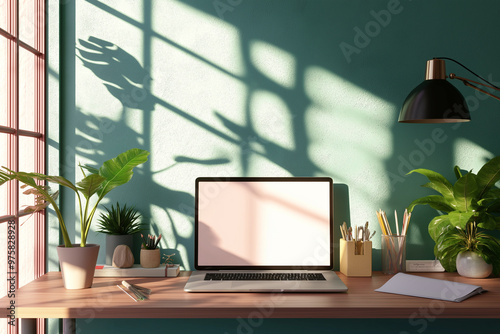 Laptop with blank screen on desk at home. Computer on desk in office. Technology, business concept photo