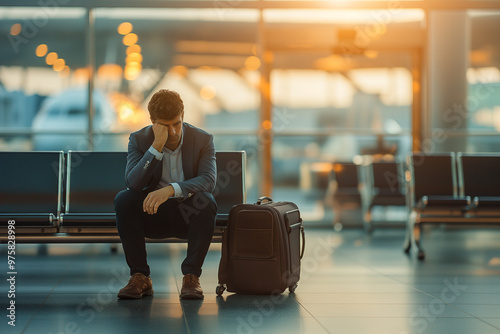 Stress businessman sitting at the airport terminal. Business trip, flight delay or cancel concept