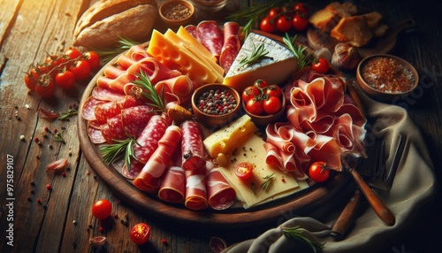 traditional italian antipasto platter, assorted cured meats like prosciutto and salami, cherry tomatoes, fresh rosemary and parmesan cheese chunks on rustic wooden surface, low angle close-up view, wa