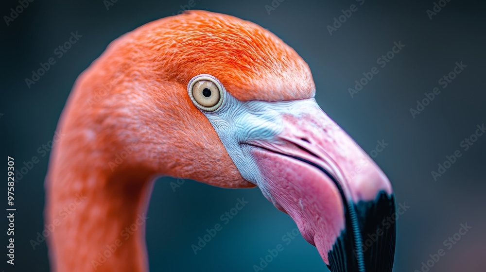 Fototapeta premium A tight shot of a flamingo's head featuring a black-and-white neck stripe