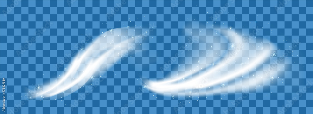 Realistic set of snow air flows. Cold wind, snow swirl. Realistic 3d vector isolated on transparent background.