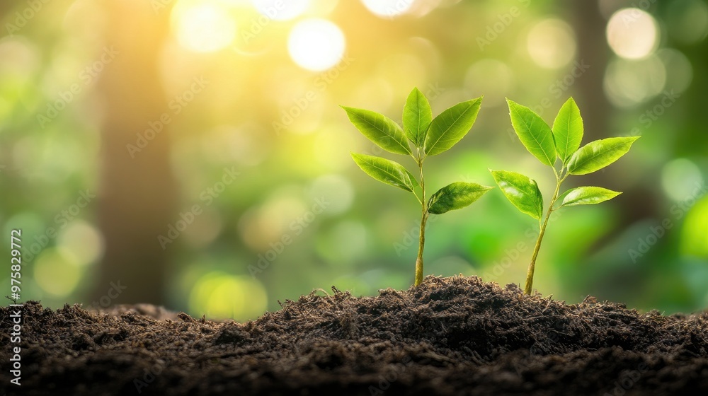Two small green plants are growing in the dirt Two small green plants are growing in the dirt