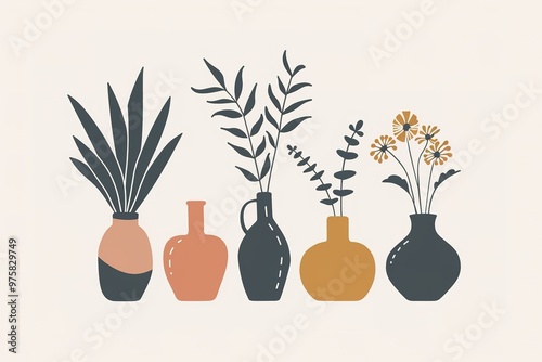 Illustration of plants in a pot, flat design, white background, vector art, pastel colors, tropical leaves, simple shapes, cute style, cute plant vase, clipart
