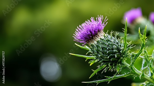  A tight shot of a purple bloom against blurred treebackground photo