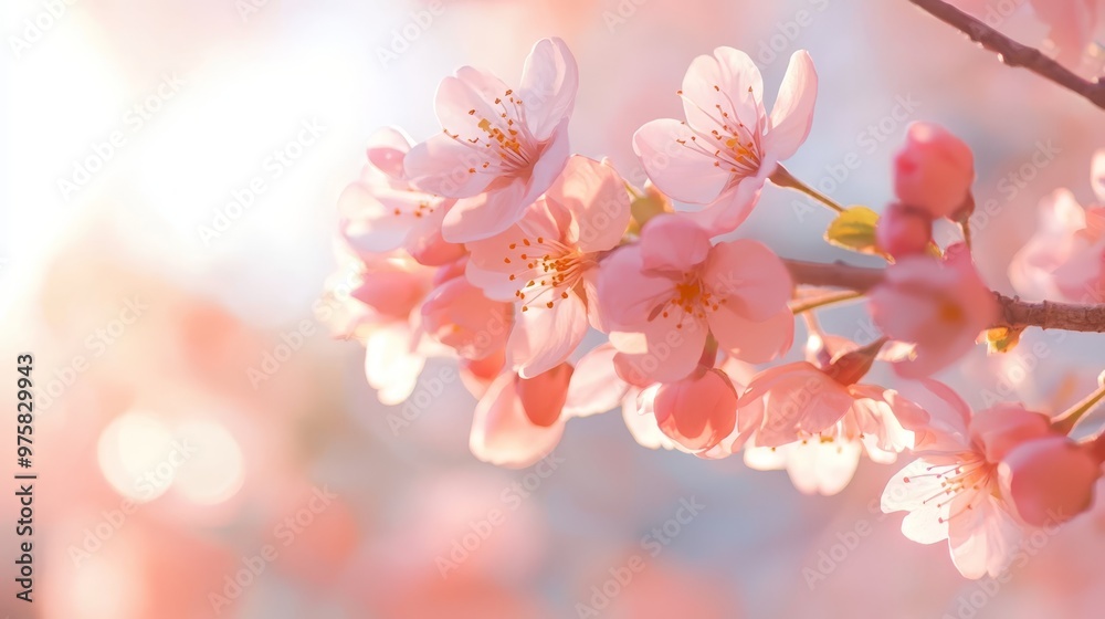 A branch of a tree with pink blooms in the foreground, against a backdrop of a vibrant blue sky A branch of a tree with pink blooms in the foreground, against a backdrop of a vibrant blue sky