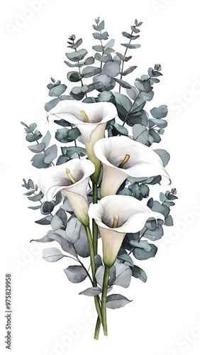 Bouquet of watercolor white callas flowers and eucalyptus branches, hand painted isolated on a white background