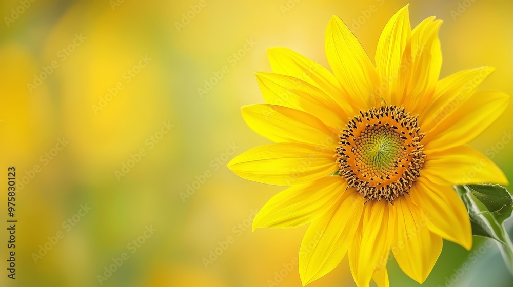 A sunflower with a yellow head and a green stem in the foreground, while the background softly blurs A sunflower with a yellow head and a green stem in the foreground, while the background softly blurs
