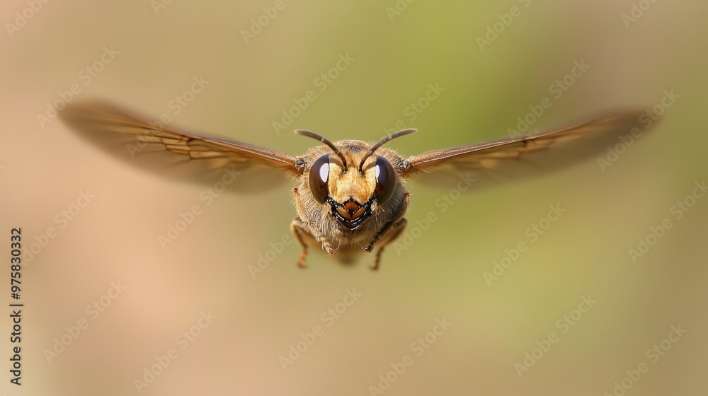A tight shot of a flying insect with spread wings and widened eyes against a softly blurred backdrop A tight shot of a flying insect with spread wings and widened eyes against a softly blurred backdrop