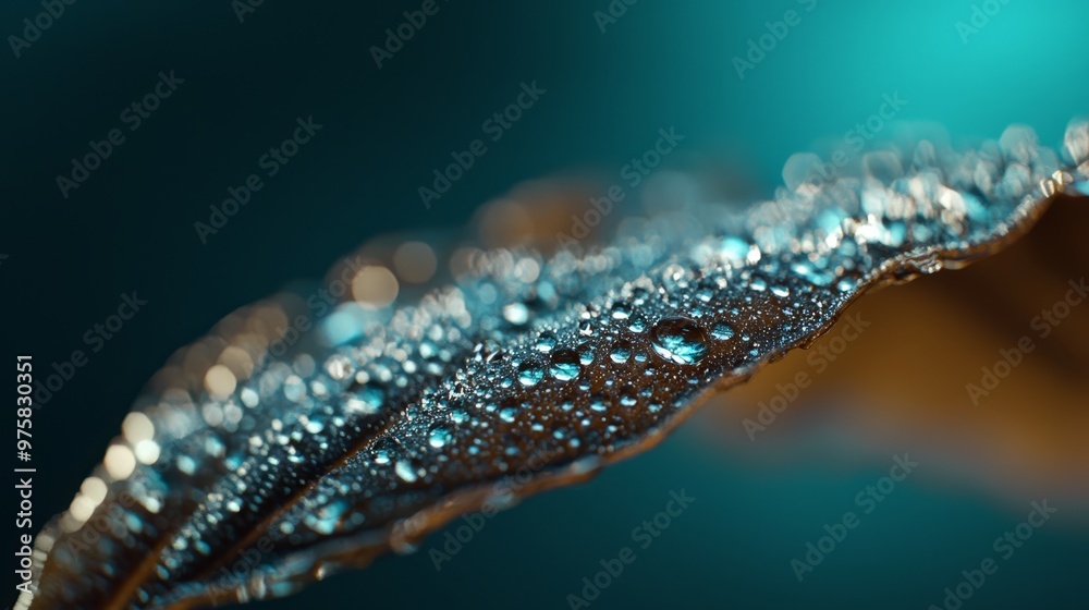 A macro shot of a leaf with dewdrops at its hind edge, against a softly blurred background A macro shot of a leaf with dewdrops at its hind edge, against a softly blurred background