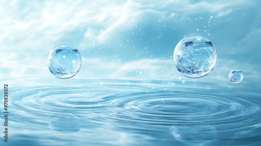 Tranquil Blue Liquid Backdrop with Floating Transparent Droplets Tranquil Blue Liquid Backdrop with Floating Transparent Droplets