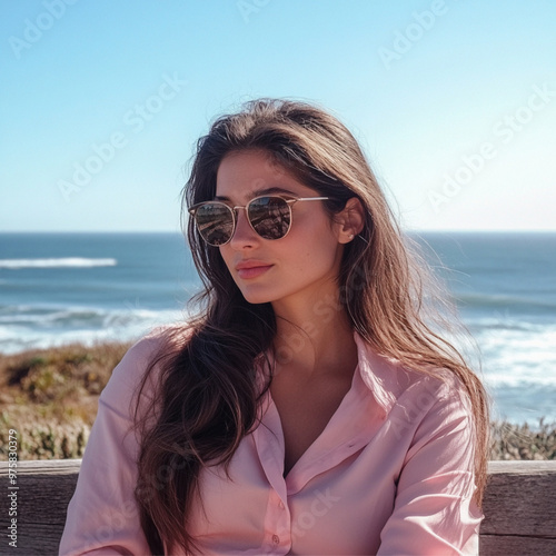 A brunette with sunglasses on is sitting on a bench near the Pacific Ocean. She is wearing pink blouse and it appears to be a colder day. 