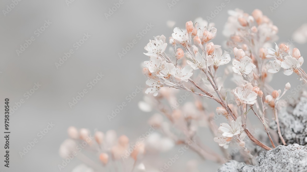 A tight shot of a plant perched atop a rock, surrounded by snow on the ground, and a gray backdrop of an overcast sky A tight shot of a plant perched atop a rock, surrounded by snow on the ground, and a gray backdrop of an overcast sky