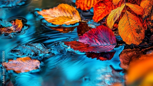  A rainbow-hued leaf floats atop the water's surface, joined by a cluster of regular leaves