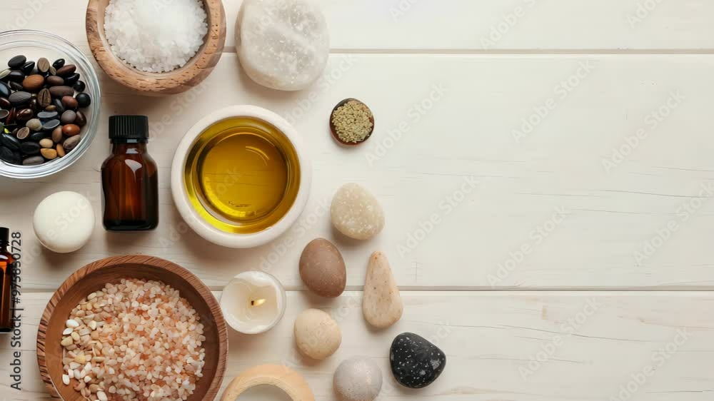 A serene flat-lay natural wellness products, including Himalayan pink salt, coarse sea salt, smooth pebbles, and olive oil, complemented by a lit tealight candle. A serene flat-lay natural wellness products, including Himalayan pink salt, coarse sea salt, smooth pebbles, and olive oil, complemented by a lit tealight candle.