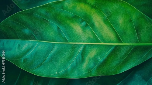  A close-up of a green leaf with water droplets, nearly as large as those on its opposite side photo