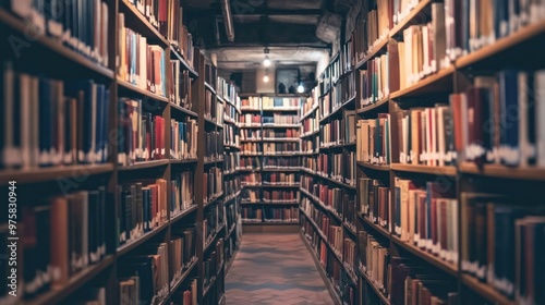 Rows of books on tidy shelves in a quiet library, inviting readers to explore and immerse themselves in knowledge