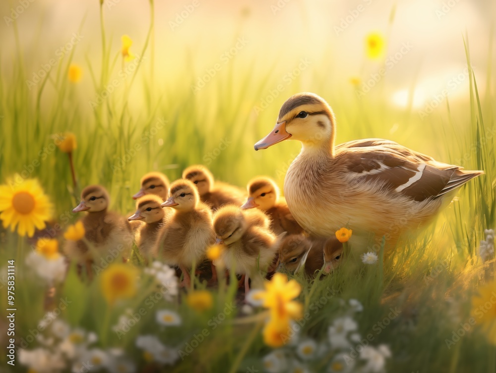 Obraz premium Painting of a duck mother with her five ducklings nestled among wildflowers in a sunlit meadow