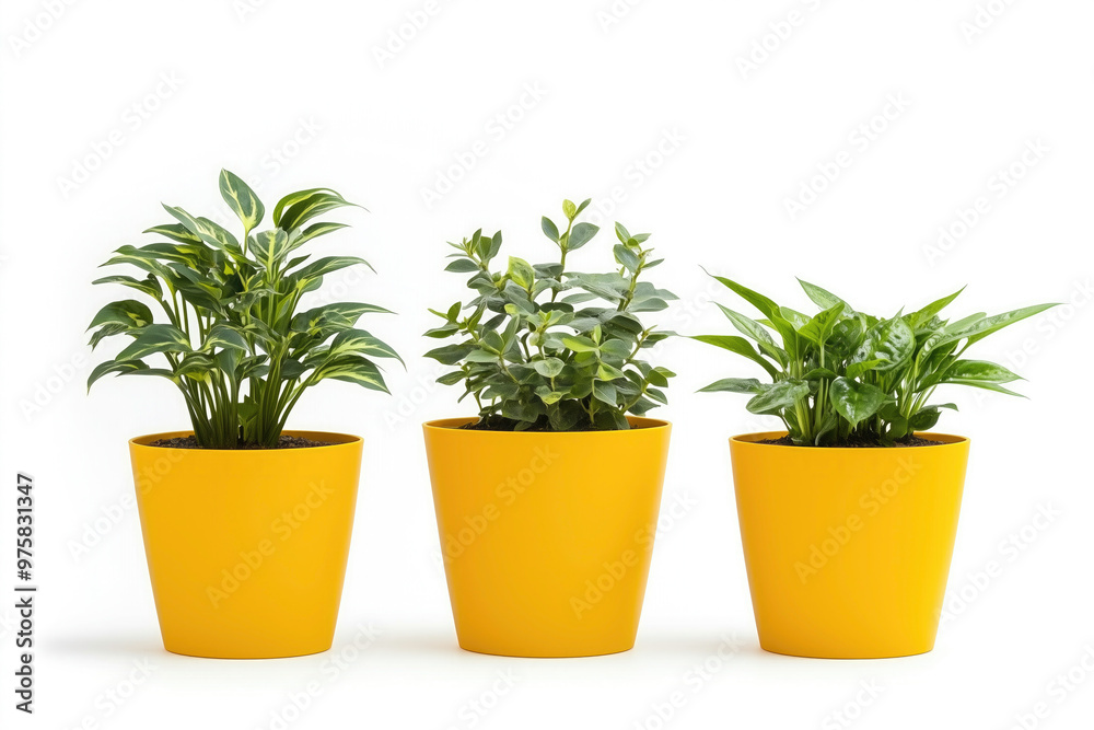 Three yellow flower pots with cactus succulent plants in them on isolated white background Three yellow flower pots with cactus succulent plants in them on isolated white background