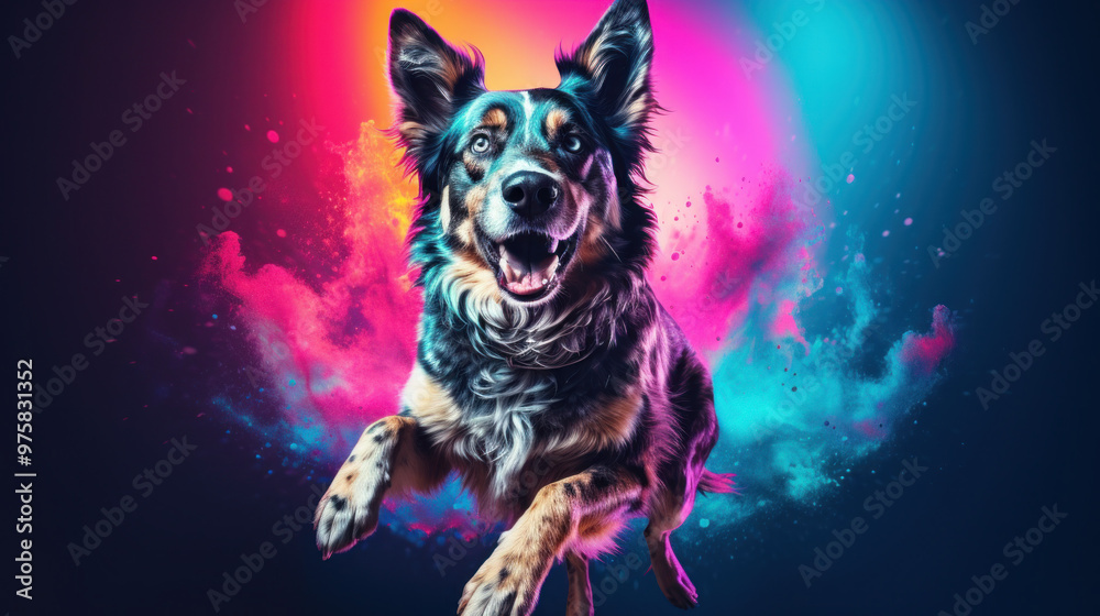 Dog standing in front of a colorful wall Dog standing in front of a colorful wall