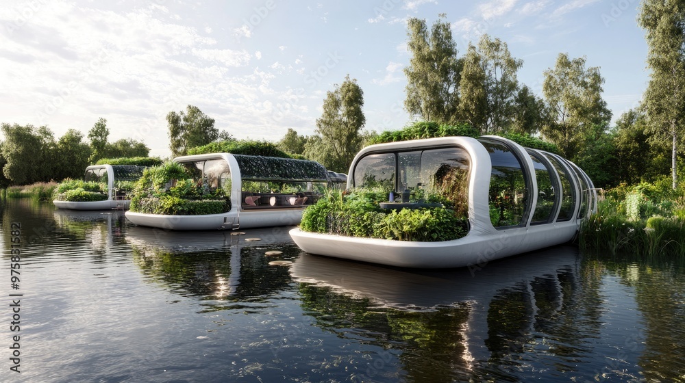 Fototapeta premium Three floating homes with plants on the sides