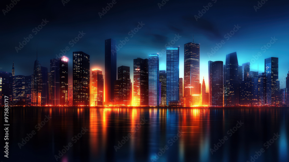 Fototapeta premium A city skyline with a large body of water in the background. The city is lit up with bright lights, creating a vibrant and lively atmosphere