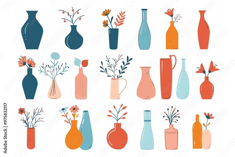Set of cute colorful hand drawn flower pots. Flat style, doodle home plants. Botany hand drawn illustrations of gardening. Urban jungle. Spring time. Natural trendy home decor