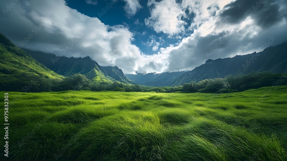 Lush Green Grass Field with Mountain Background and Cloudy Sky Lush Green Grass Field with Mountain Background and Cloudy Sky