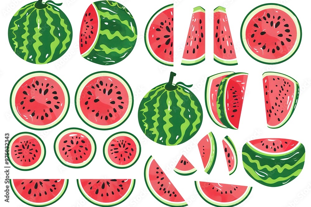 Watermelon vector. Juicy piece and two whole watermelon in flat style isolated on white background. Summer food concept. Vector illustration Watermelon vector. Juicy piece and two whole watermelon in flat style isolated on white background. Summer food concept. Vector illustration