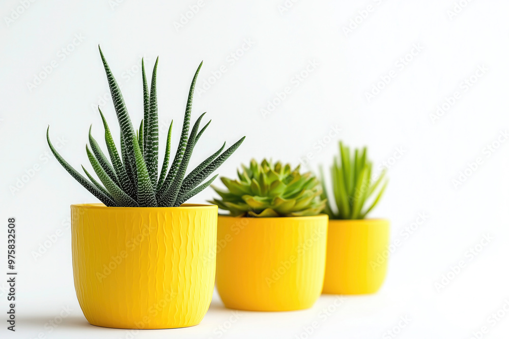 Three yellow flower pots with cactus succulent plants in them on isolated white background Three yellow flower pots with cactus succulent plants in them on isolated white background