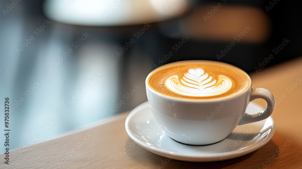 Obraz premium A cappuccino on a white saucer atop a wooden table