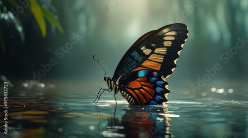  A tight shot of a butterfly hovering above reflective water Surrounding scenery consists of trees and sunlight casting rays upon the surface