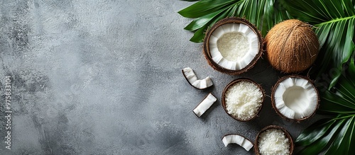 Coconut Composition with Palm Leaves on Gray Background. A Tropical Still Life, Dark Gray Background. Top View And Flat Lay. Copy Space For Add Text. 3D Illustration. Generate Ai Image