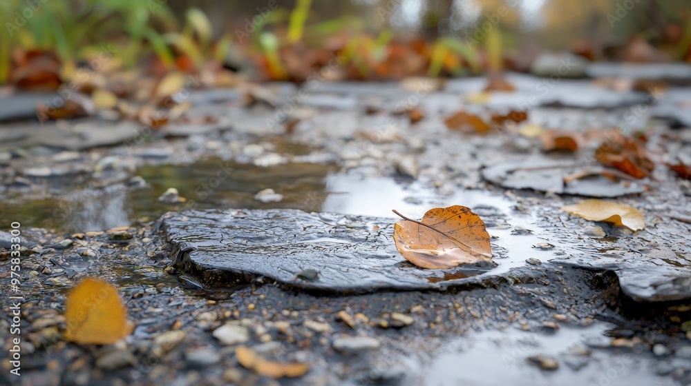 A leaf floating on a puddle, near grass and an abundant cover of leaves A leaf floating on a puddle, near grass and an abundant cover of leaves