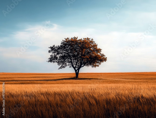 A lone tree stands in a field of tall grass. The sky is clear and blue, and the tree casts a shadow on the ground. The scene is peaceful and serene, with the tree providing a sense of calm