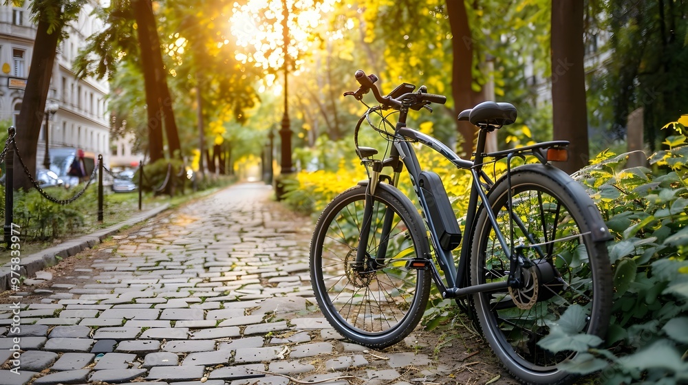 Electric Bike in Scenic Urban Setting Showcasing Green Transportation Alternative Electric Bike in Scenic Urban Setting Showcasing Green Transportation Alternative