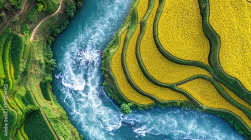 A river with a yellow and green field on the other side