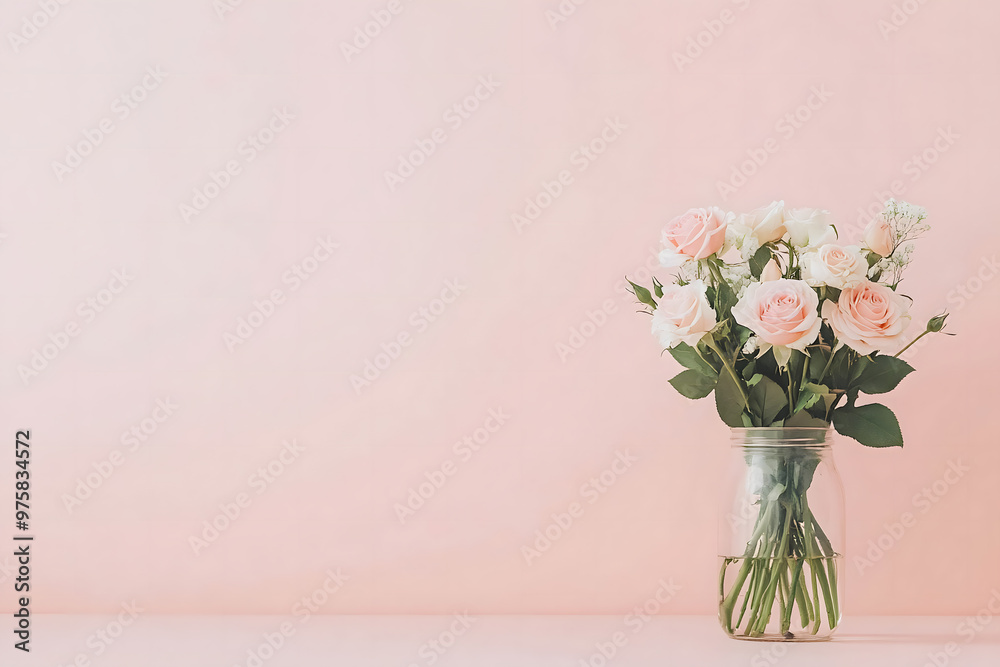 Beautiful roses in a vase with a pink background and copy space.