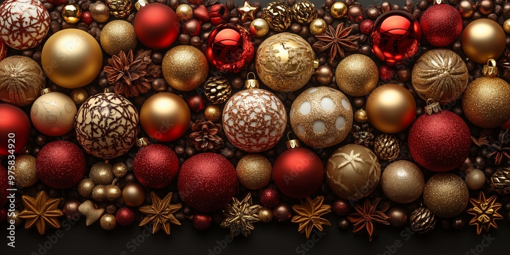 A vibrant collection of Christmas ornaments in red, gold, and bronze hues. A vibrant collection of Christmas ornaments in red, gold, and bronze hues.
