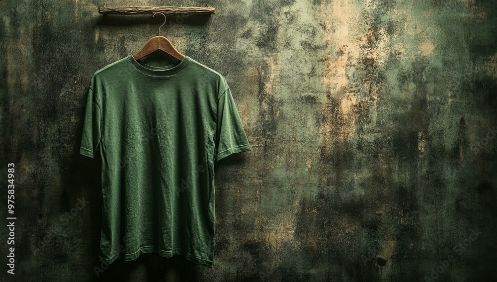 Naklejka premium Green t-shirt hangs on wooden hanger against wall.
