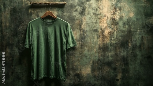 Green t-shirt hangs on wooden hanger against wall.