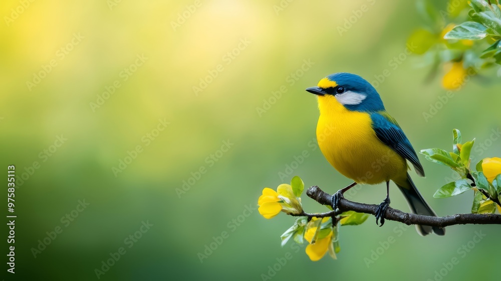  A small blue-and-yellow bird perches on a tree branch, surrounded by yellow flowers Background softly blurred